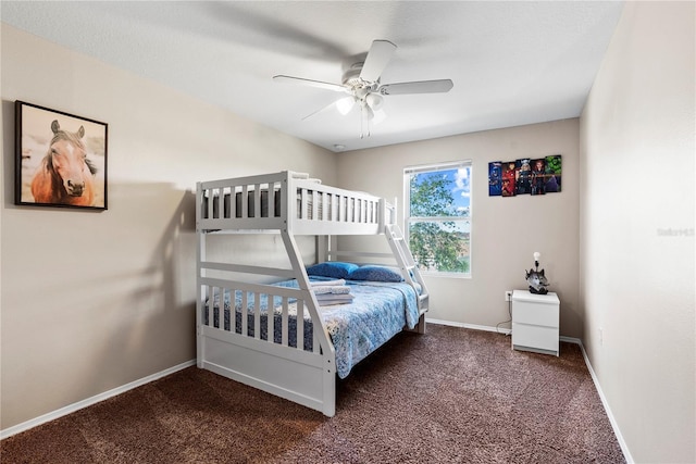 bedroom with dark carpet and ceiling fan