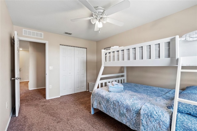 carpeted bedroom with ceiling fan and a closet