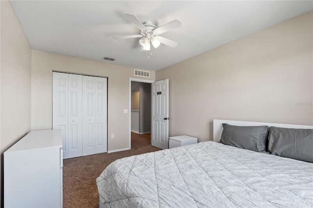 bedroom featuring ceiling fan, dark carpet, and a closet