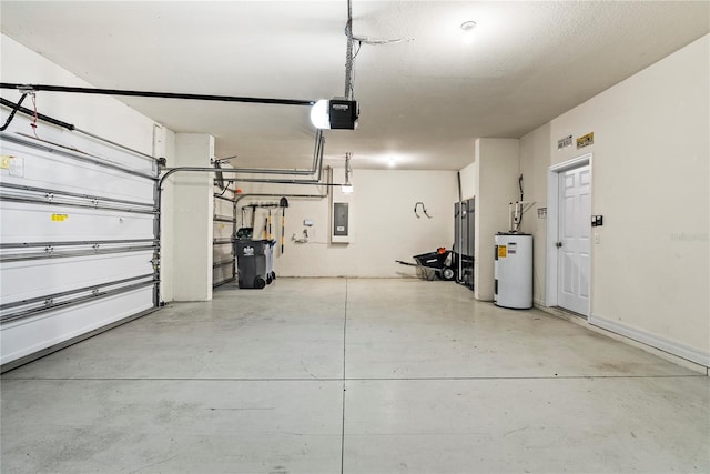 garage featuring a garage door opener, electric panel, and water heater