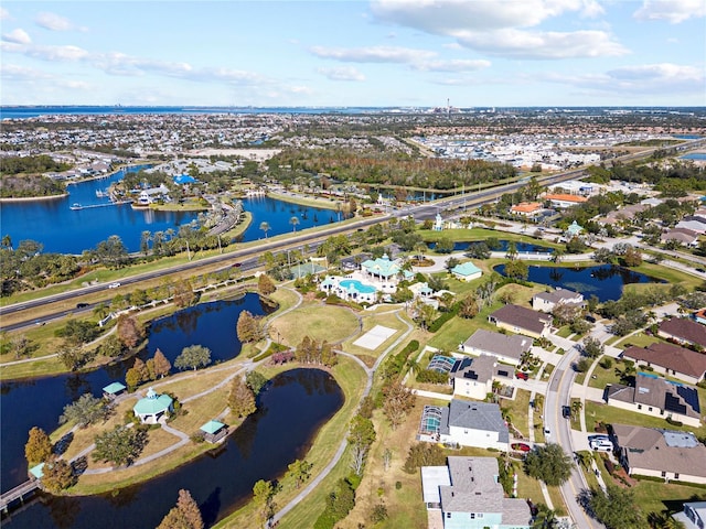 drone / aerial view featuring a water view