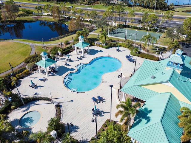 birds eye view of property featuring a water view