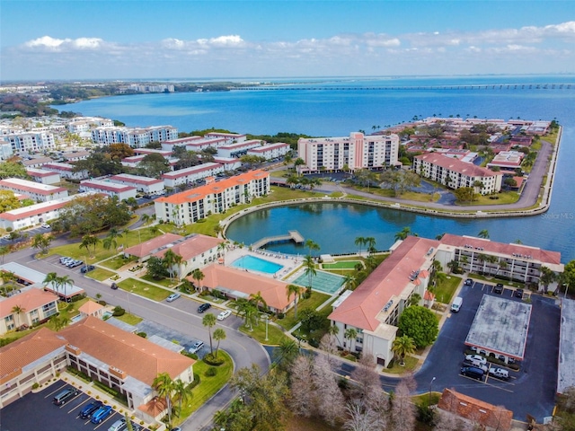 bird's eye view with a water view