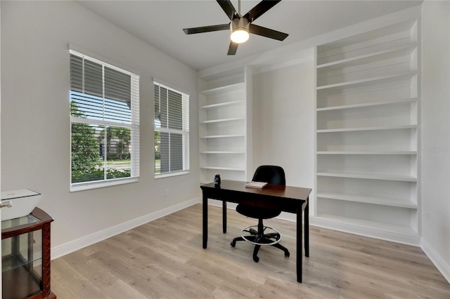 home office with built in shelves, ceiling fan, and light hardwood / wood-style flooring