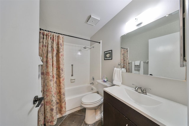 full bathroom featuring shower / tub combo with curtain, vanity, toilet, and tile patterned flooring