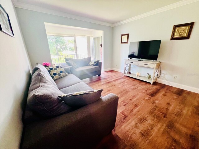 living room with hardwood / wood-style floors and ornamental molding