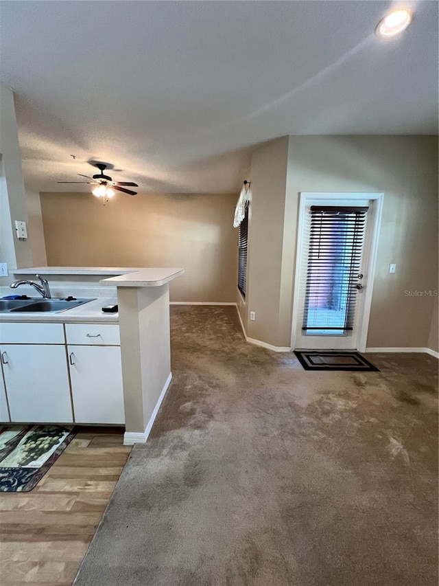 interior space with carpet, ceiling fan, sink, and white cabinets