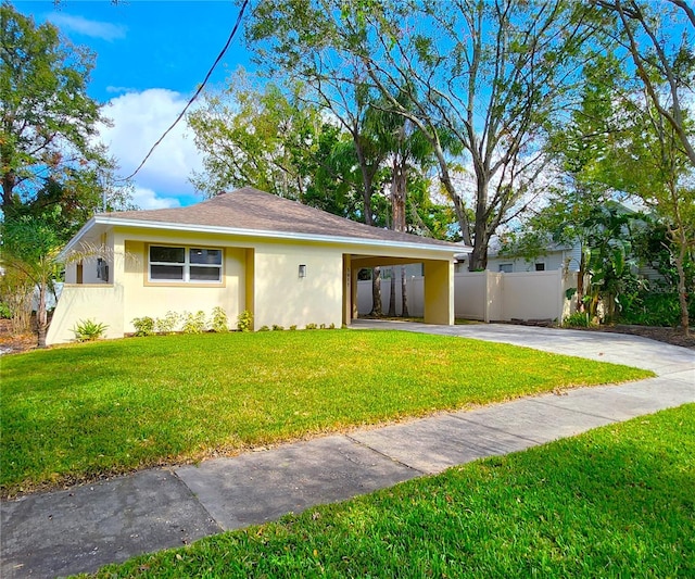 view of front of home with a front yard and a carport