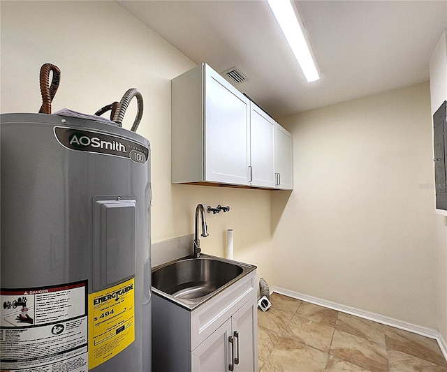 laundry room featuring cabinets, hookup for a washing machine, electric water heater, and sink