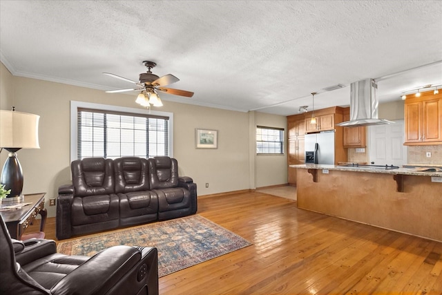 living room featuring ceiling fan, light hardwood / wood-style floors, a healthy amount of sunlight, and a textured ceiling