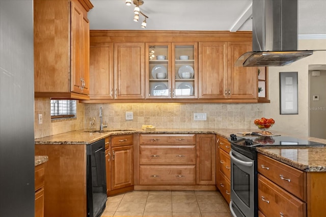 kitchen featuring dishwasher, sink, electric range, light stone counters, and island exhaust hood