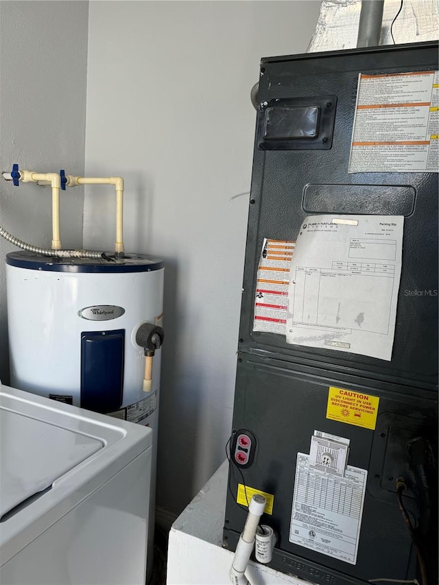 washroom with washer / dryer, water heater, and heating unit