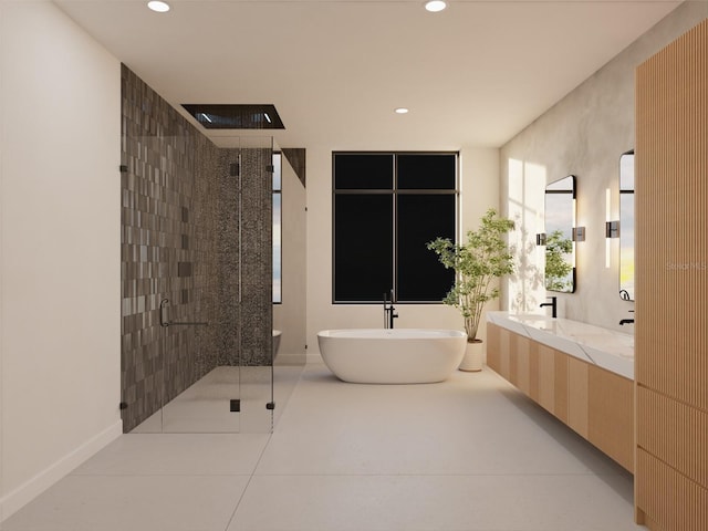 bathroom with tile patterned flooring, vanity, and separate shower and tub