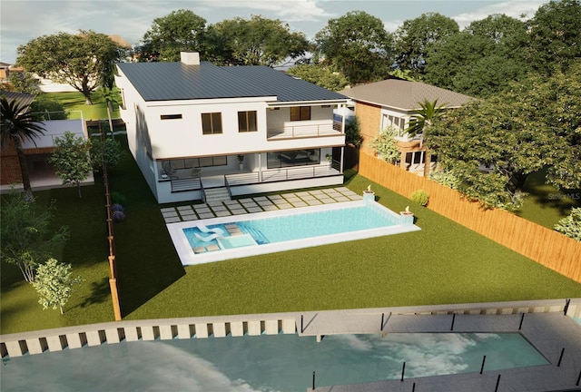 view of swimming pool featuring a fenced in pool, a yard, a fenced backyard, and a patio area