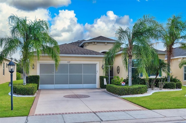 view of front of house featuring a front lawn and a garage