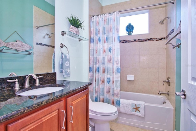 full bathroom with toilet, shower / tub combo, tile patterned floors, and vanity