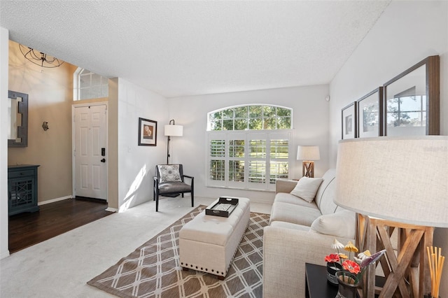 living room featuring a textured ceiling and dark hardwood / wood-style flooring