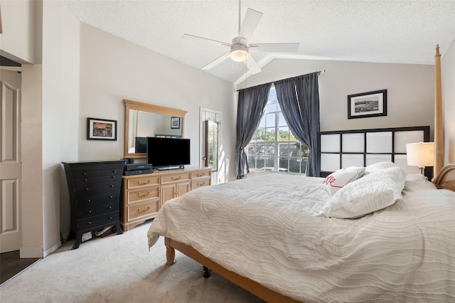 bedroom with carpet, vaulted ceiling, ceiling fan, access to exterior, and a textured ceiling