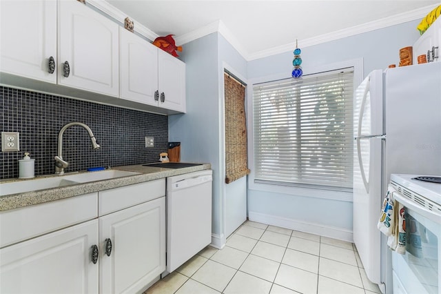 kitchen featuring crown molding, sink, decorative backsplash, white cabinets, and white appliances