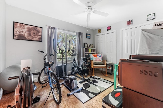 exercise area with carpet flooring and ceiling fan