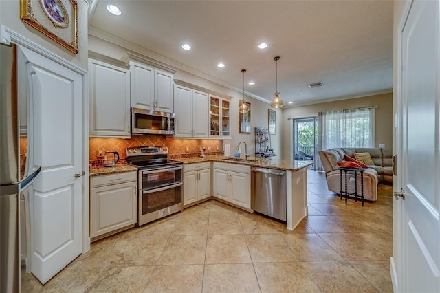 94 The Cove Way, Indian Rocks Beach, FL 33785 - kitchen with appliances with stainless steel finishes, crown molding, a sink, a peninsula, and open floor plan
