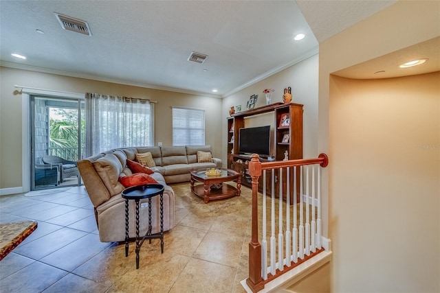 94 The Cove Way, Indian Rocks Beach, FL 33785 - living room with crown molding, recessed lighting, light tile patterned floors, and baseboards