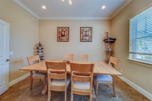 94 The Cove Way, Indian Rocks Beach, FL 33785 - dining room with ornamental molding, baseboards, tile patterned flooring, and recessed lighting