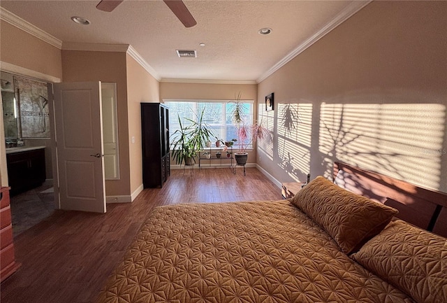 unfurnished bedroom with ensuite bathroom, ceiling fan, wood-type flooring, and ornamental molding