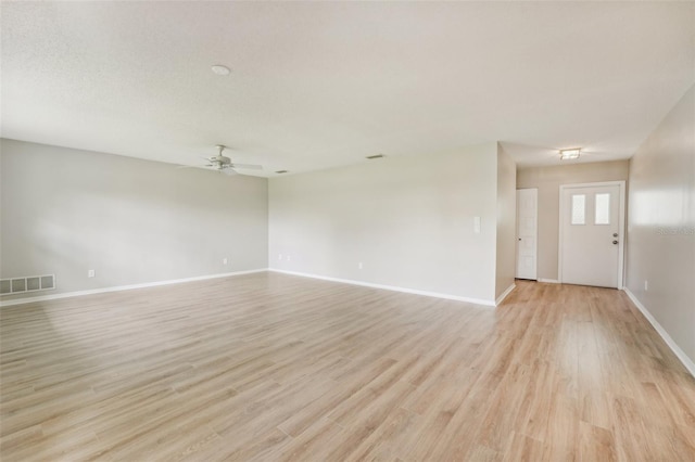 unfurnished living room with ceiling fan and light wood-type flooring