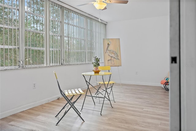 dining room featuring ceiling fan and light wood-type flooring