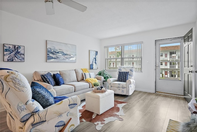 living room featuring ceiling fan and light hardwood / wood-style floors