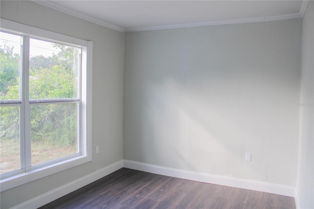 unfurnished room featuring dark wood-type flooring, plenty of natural light, and ornamental molding