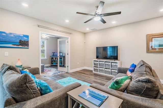 living room with ceiling fan and hardwood / wood-style flooring