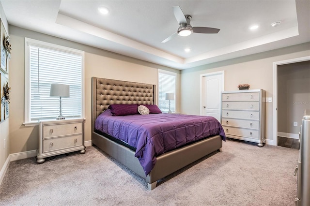 bedroom with a raised ceiling and multiple windows