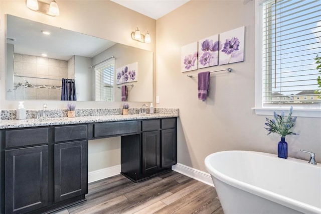 bathroom featuring hardwood / wood-style floors, vanity, and independent shower and bath