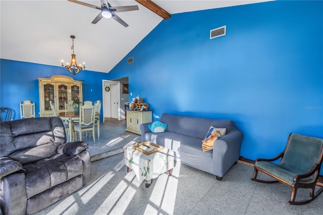 living room featuring beamed ceiling, ceiling fan with notable chandelier, and high vaulted ceiling