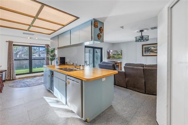 kitchen featuring kitchen peninsula, dishwasher, wooden counters, and sink