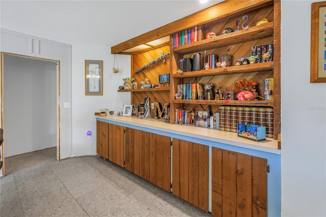 bar with wooden walls and a textured ceiling