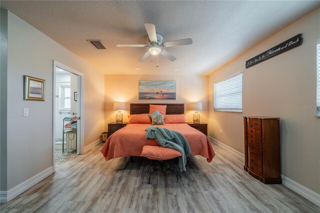 bedroom featuring ceiling fan, a textured ceiling, and light wood-type flooring