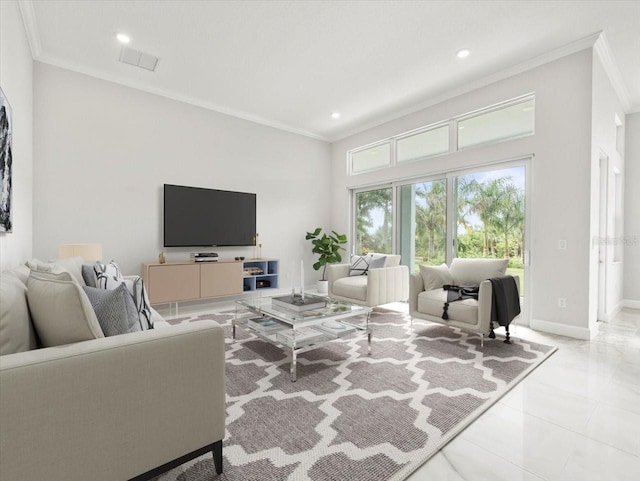 tiled living room with crown molding