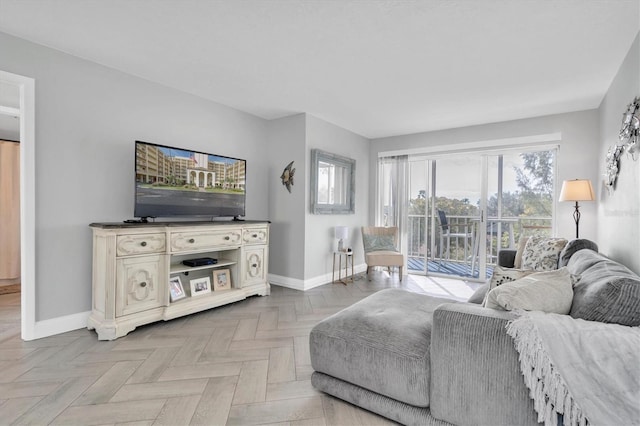 living room with parquet flooring