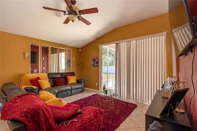 tiled living room featuring lofted ceiling and ceiling fan