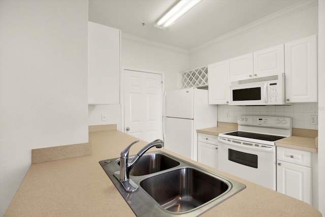 kitchen featuring white cabinetry, crown molding, white appliances, and sink