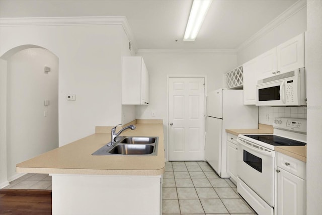 kitchen featuring white cabinetry, sink, kitchen peninsula, white appliances, and ornamental molding