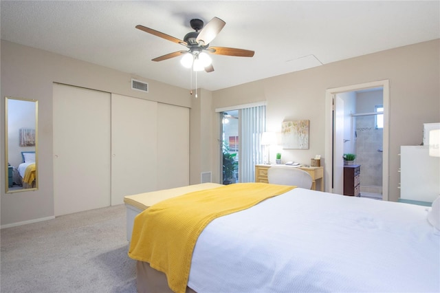 carpeted bedroom featuring ceiling fan and connected bathroom