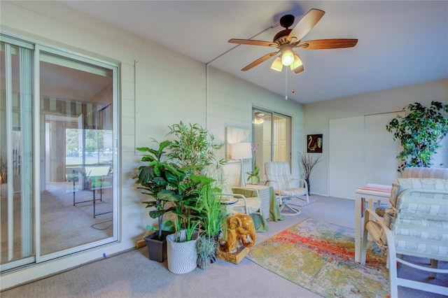 interior space with ceiling fan and carpet