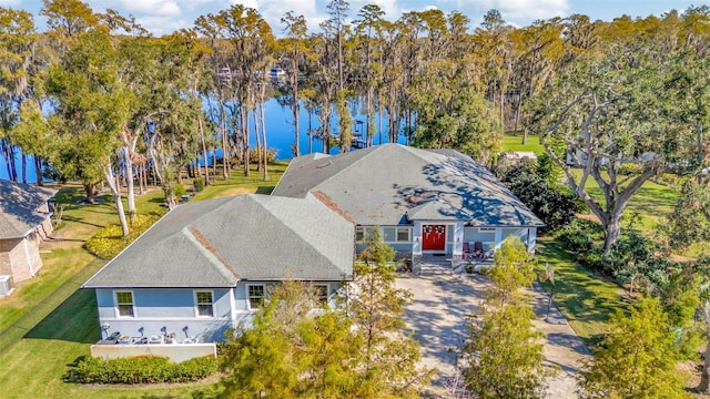 drone / aerial view featuring a water view