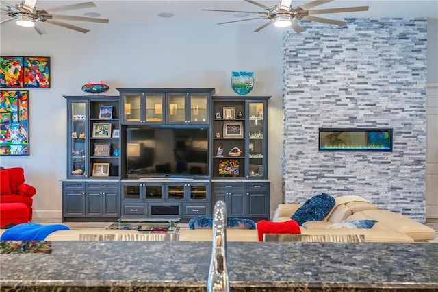 living room featuring ceiling fan