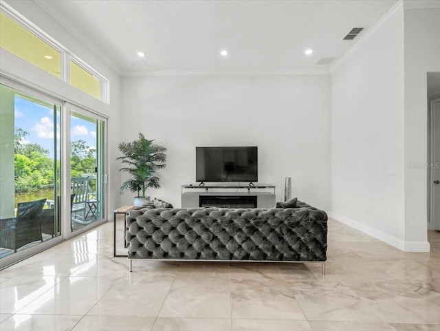 living room featuring crown molding