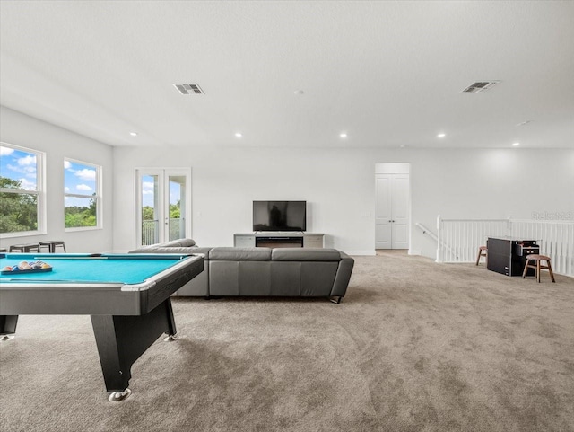 rec room featuring light colored carpet and pool table